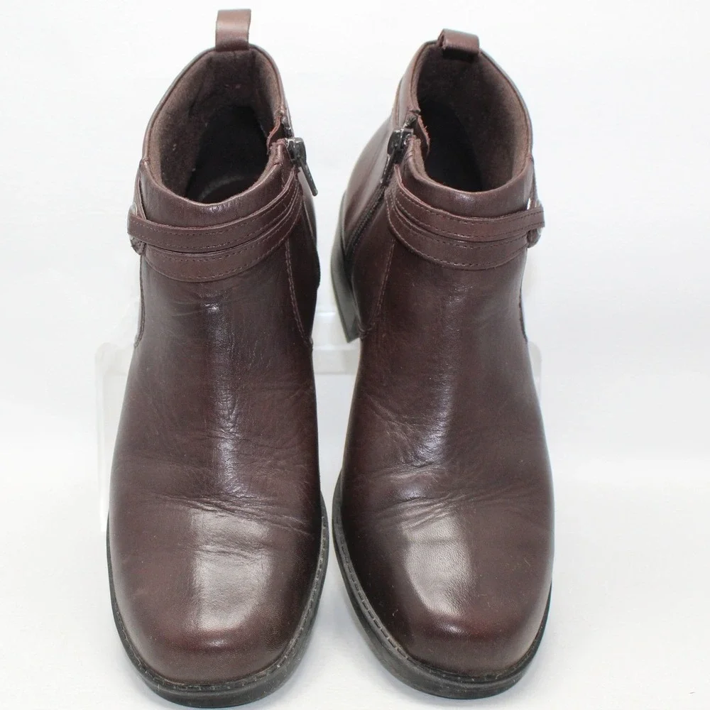 Clarks Womens 72886 Brown Leather Ankle Boots Side‎ Zip Buckle Strap 9.5M